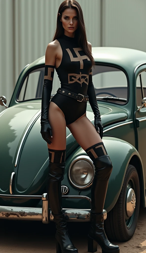 Beautiful companion, whole body, High leg leotard with a swastika motif, Black boots, Standing next to a Volkswagen