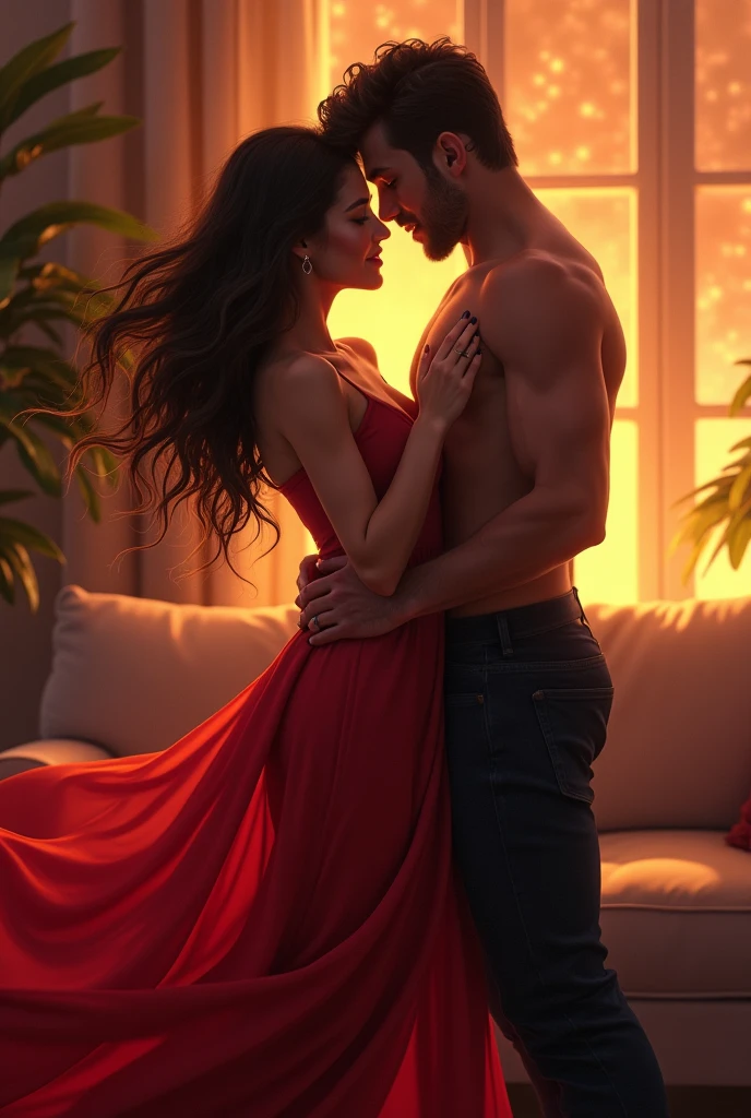Couple dancing to lively music at home. The woman is wearing a sensual dress. Skinny man without a shirt.