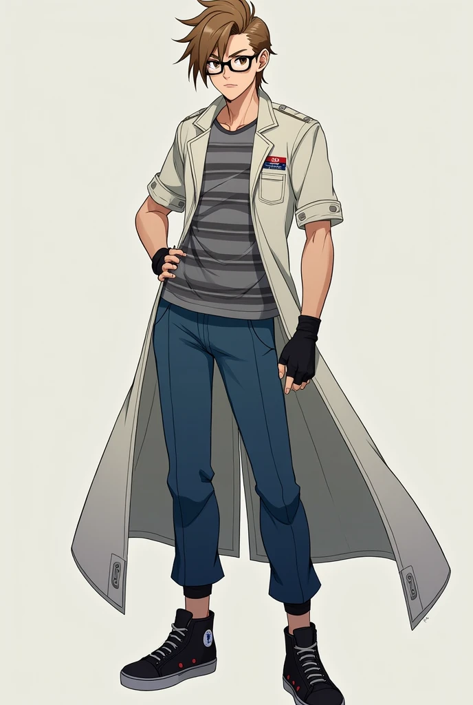 oc anime, male, draconian race, light brown hair, side pompadour with hair bangs, dark brown eyes, sharp black pupils like a snake, dark black framed glasses with white lenses, sleeveless white coat, striped gray t-shirt, rolled up sleeves and some military gray spot designs in a slightly darker shade, black fingerless gloves, blue pants, and black high-top sneakers