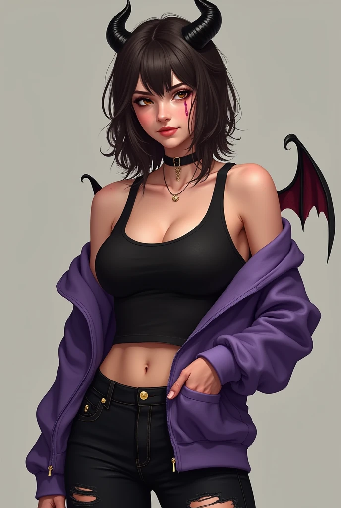 fanart style, an adult woman, Dark brown hair cut in layers, his eyes are brown, The girl is seen standing with a somewhat casual air, His posture is slightly tilted to one side, with one arm resting on her waist, She wears a black tank top, a purple sweatshirt and some ripped black jeans., has black horns, some little demon wings, It is noticeable that the girl exercises 