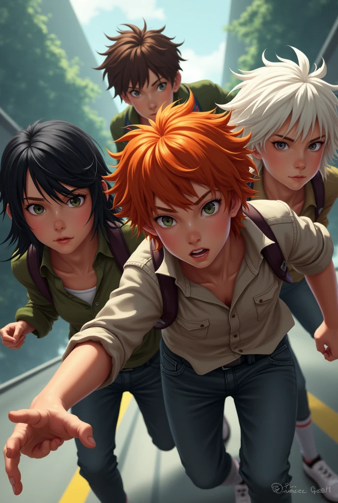 4 teenagers one with black hair, another one with orange hair,another brown haired one,another with albino hair ,in a hurry