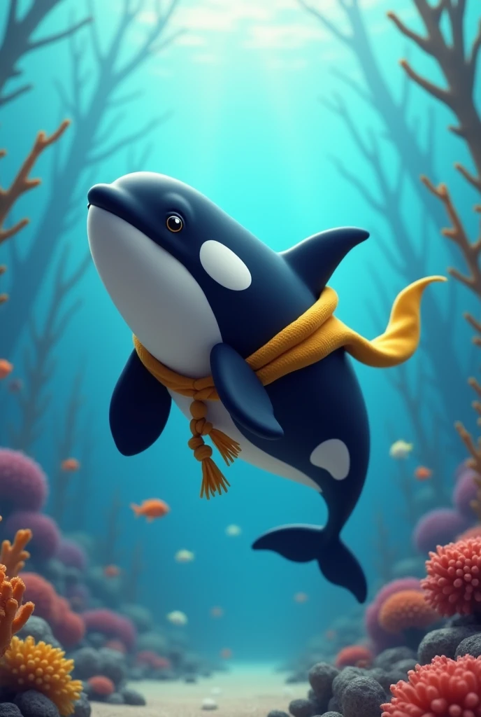 Give me several designs of an animated orca with a scout scarf