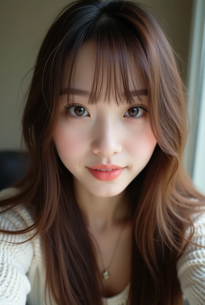 Uma selfie realisitic com uma qualidade real usando franja sobre a testa, a selfie of a beautiful woman with an Oval or Round Face, realisitic, but at the same time with mistakes that a woman would have very real, leaning on your shoulders facing selfie, with her legs in the background out of focus but it is possible to see her beautiful legs with beautiful buttocks that stand out but in the background you will come up even out of focus right at the end of her body, Her bum bum has a perfect position where it appears even if it is out of focus, using white dental floss,very long straight brown hair with bangs has in it, She doesn't have a swirl in her hair, her hair is full and straight