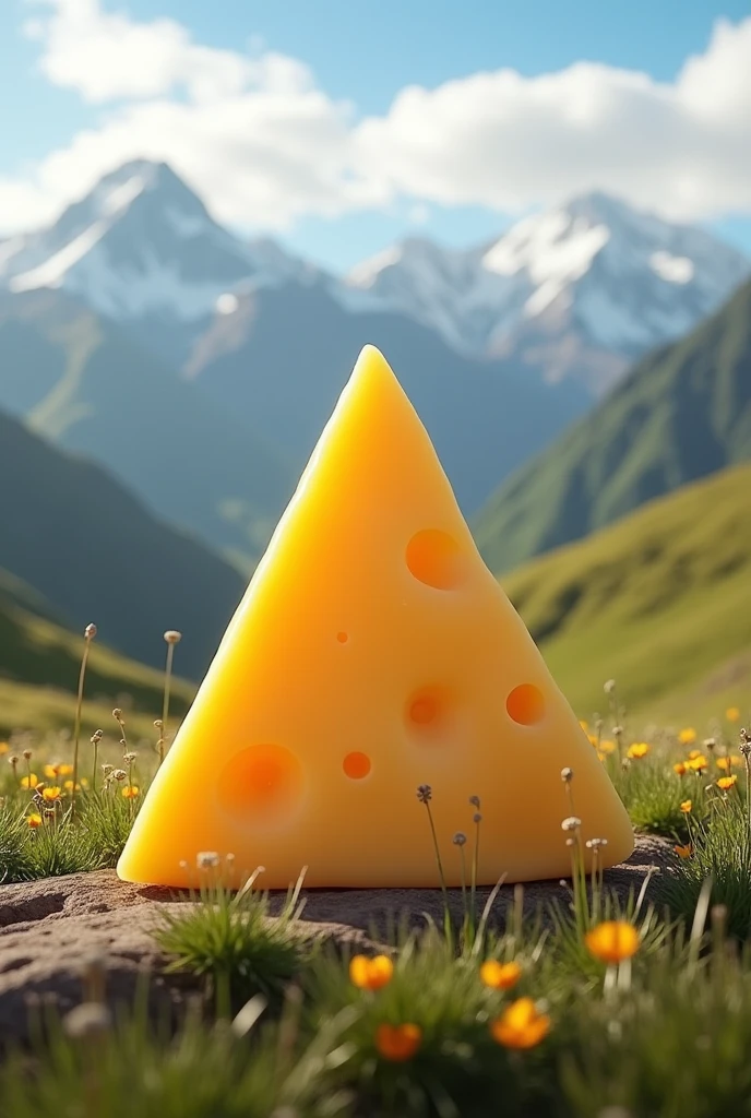 Triangular piece of Gouda cheese with a background of the landscape of Puno de Yaiviri