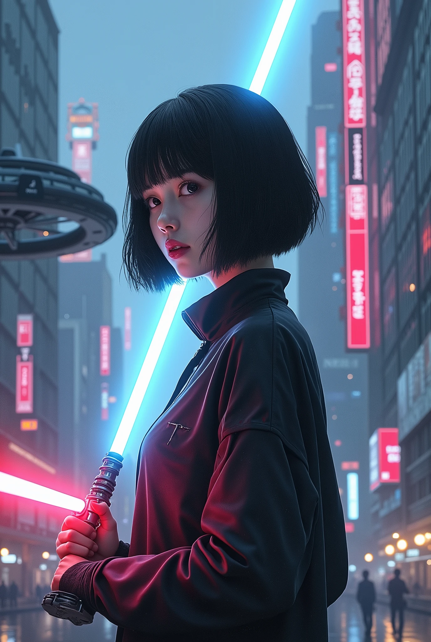 Depressed girl、Japanese、Black Hair、Bobcut、holding light saber、Future City、Real、Finish like a photo