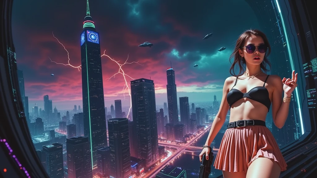 (Wide angle aerial view). At night, simple outlined cyberpunk city, flying cars, all-glass buildings, glowing giant clock tower, lightning, line art background. High-resolution OLED GUI interfaces in the building, The windows are filled with transparent data visualization infographics that show it all, very close-up green glowing cascading code. Colors are saturated and vibrant. At night, (1girl, solo, alone), photorealistic, large-breast slim:0.6 body, oval:0.5 face, black mini bra, cleavage:1.1, deep-v, very low angle view of black pleated miniskirt, white panty, (upskirt), glove, (Matrix style black micro sunglasses), (aiming viewer with a short gun), dynamic running pose, (half-body thigh level close-up shot), cinematic lighting, ray tracing, motion blur background.