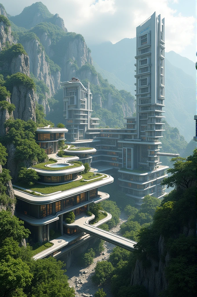 Buildings in a futuristic barangay with mountains