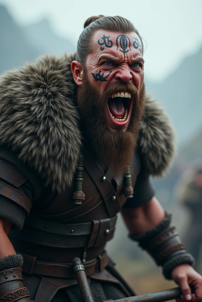Realistic Viking warrior screaming with teeth bared with a Norse tattoo around his eye and with his eyes open