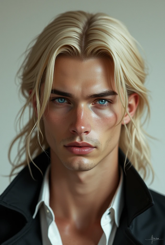 White man, blonde with blue eyes,symmetrical face,marked features,strong and marked physique,small nose, perfect smile, pointed fangs,parts,long but aesthetic hair, marked jaw and marked cheekbones,shaped eyebrows,attractive face,no clear imperfections in sight,
