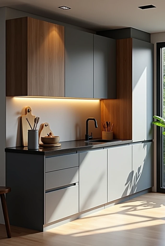 Kitchen for 2.30cm high x 2.70cm wide with cupboard on the left in grey and wood colours with black counter
