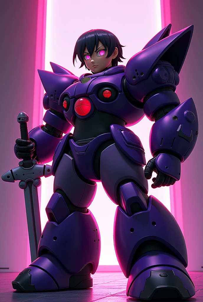 (megaman x), Humanoid robot similar to Zero from Megaman X, Standing taking his sword, With the same armor as Zero from Megaman x6, black hair , Mexican tea, black hair, frown, It has to be fat both in the body and in the face, The armor has to be the same as Zero, but purple with black is based on the anime art of megaman x6 the armor has to be more anime, In addition, the character's hair has to be short., The predominant color of the armor must be black. All in neon colors the character measures 1.73 and weighs 150 kg