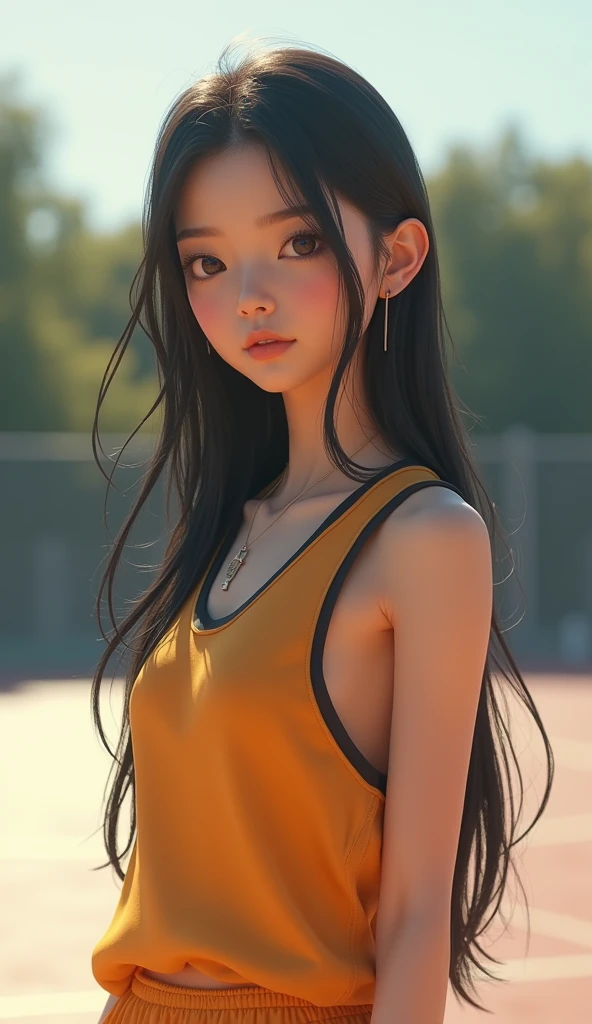 (8K, best quality, masterpiece:1.2), (Practical, photo-Practical:1.37), Extremely detailed,best quality, Ultra-high resolution, Professional lighting, Photon Mapping, Radiosity, Physically Based Rendering, Movie Lighting, Basketball Court,Depth of Field, Clear focus,Sunlight, Good composition,(Bokeh:1.2) 1 Girl,Solitary,(whole body), (Shut up),Beautiful and delicate eyes, posture, Willow Waist,Basketball clothes, Black Hair,Messy hair,Long hair fluttering in the wind,(ulzzang-6500:1.2), Mix 4, High body