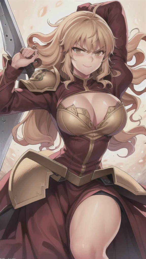 masterpiece,best quality,kim_kwang_hyun, 1girl, Yang Xiao Long, solo, large Long messy curly hair, large huge breasts, looking at viewer, blue eyes, yellow-green hair, Large Long messy curly hair,bangs, large big breasts, long sleeves, dress, cleavage, closed mouth, weapon (((Double-bladed sword), puffy sleeves, arm up, clothing cutout, copyright name, red dress, cleavage cutout, juliet sleeves , power armor, shoulder armor, large Long messy curly hair,yellow eyes, angry eyes, coy Smile