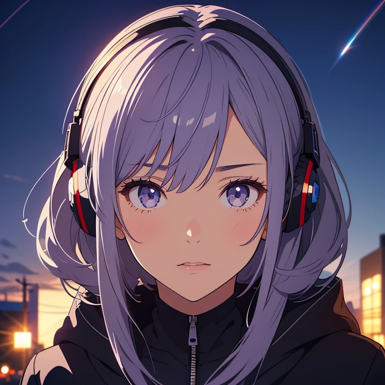 (beautiful girl: 1.3),One girl,masterpiece, Highest quality, Ultra-high resolution,Perfect Face、Very detailed顔、Detailed eyes、Attractive eyes、Eye for detail、Detailed skin、Perfectly shaped、Symmetrical face、 Rich contrast,80s Anime,Vintage Anime、super high quality,8k, Very detailed,texture,Unbelievably absurd,Highly detailed CG unit wallpaper, Ultra-high resolution,RAW Photos,Depth of written boundary,Super Fine,16K,uhd,Perfect Anatomy, Natural light、Cinematic Realism, Atmospheric lighting, Intricate details,Shadows in the movies,Cinema Lighting,nightの街、Buildings、night、Beautiful sky(Great view 1.2)、Lots of shooting stars、Full body view、A big, roomy parka、Cyber Hoodie、Modern clothing、Realistic clothing、Silver-purple hair、Medium Short Hair、A melancholic look、Dark、Dark shading、Dynamic Angle、Rainbow Headphones,Listening to music、