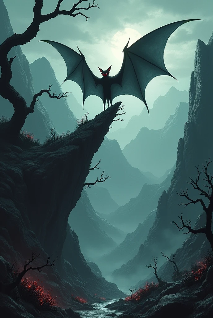 Evil bat mountain scenery crooked trees and larva in the middle of the mountains