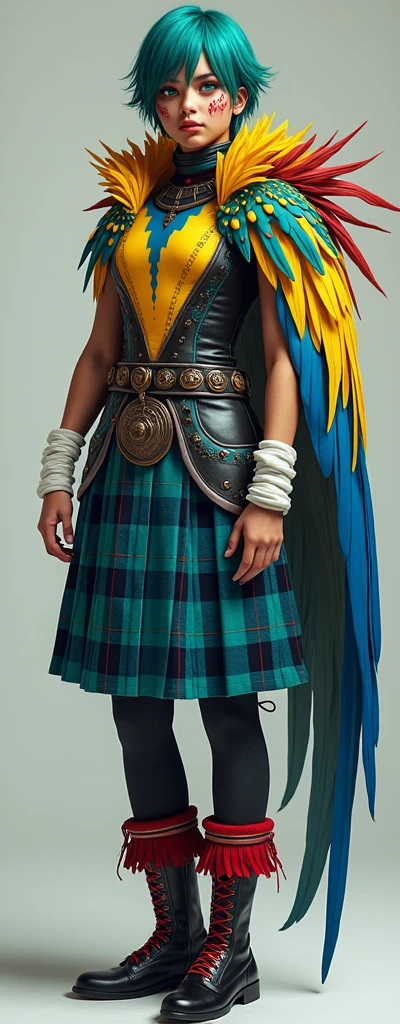 Age 20, tan skin, prussian-blue hair with green highlights, turquoise eyes, and red and yellow paint marks on the face, full black-olive bodysuit with blue and yellow wavy markings, white wraps around the wrists and neck, reddish feathers on the right collar of the bodysuit, a cerulean kilt with dark-red borders connected to cyan dots and held by a white belt, and dark-indigo boots with lavender cuffs and dark-green lines. The color scheme is similar to that of a blue-and-yellow macaw parrot.