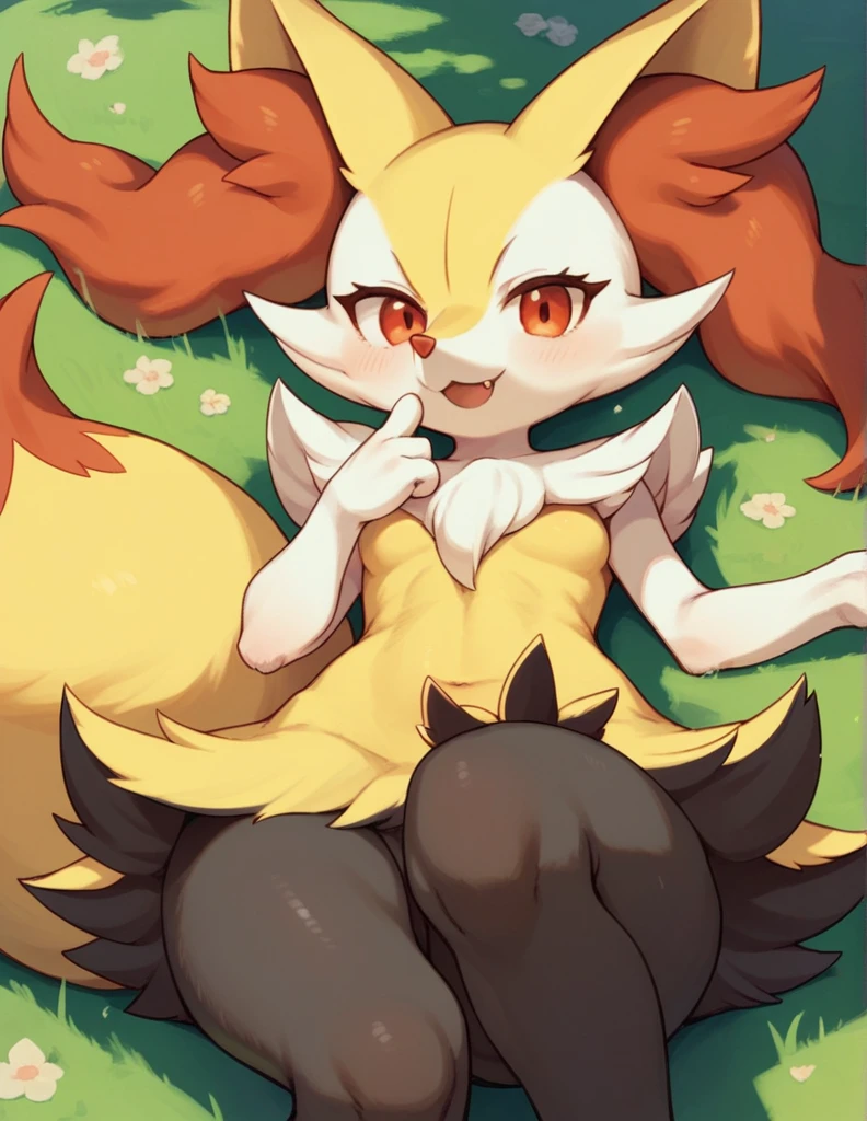 Anthro, kemono style, braixen Pokemon, female, laying, Looking at viewer, Smile, Fang, Best Quality