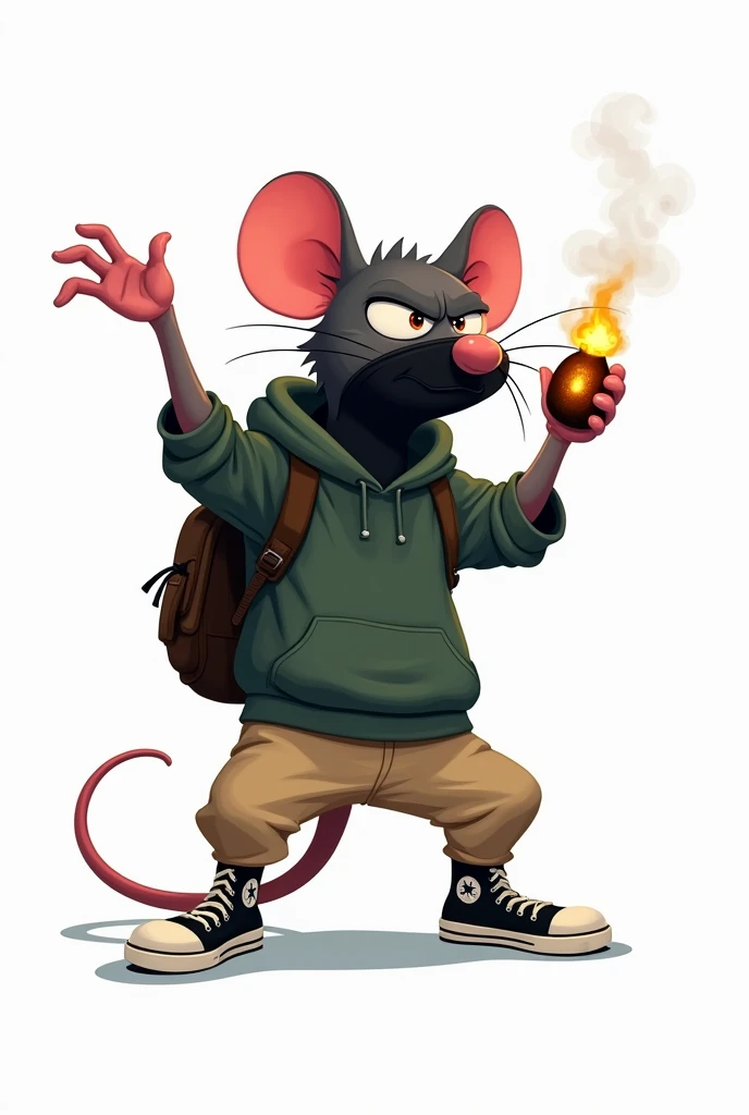 Cartoon illustration of a rat wearing a graffiti artist outfit, with backpack, dark green sweatshirt, pantalon beige, black tennis boots, black palate covering the mouth, with angry expression, throwing a Molotov cocktail at them,WITH WHITE BACKGROUND 