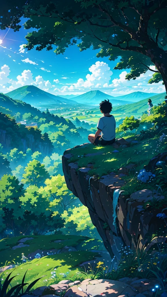 A vibrant landscape inspired by Japanese animation style. The image shows a young boy sitting on a rocky cliff, facing away from the viewer. He is wearing a white T-shirt and shorts, gazing thoughtfully at the vast horizon. In front of him, rolling green hills stretch out, covered in dense vegetation and winding paths, with distant mountains on the horizon. The sky is filled with fluffy white clouds, contrasting with the deep blue above, while sunlight gently illuminates the scene. In the top left corner, a large tree with dark green leaves provides shade to the boy as he enjoys a moment of peace and tranquility. The atmosphere is serene, evoking a sense of freedom and connection with nature