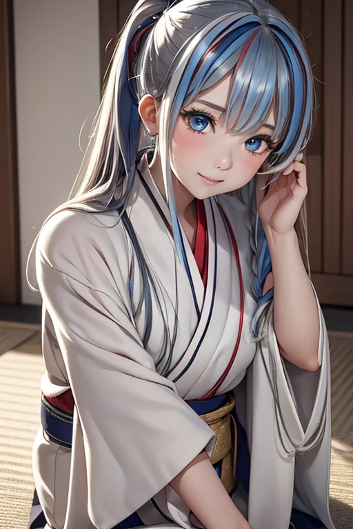 master piece,highres,4k.8k,Lifelike:1.2,Close-to-reality1.5,
full body,
Greige hair, ((highlights hair, Blue streaked hair:1.0)),
braided bangs,high ponytail,
glamorous,
mischievous,eighteen years old,
full body,full body,full body,
arm up,wariza,
break,
Traditional Kimono,白に淡いピンク,帯は白,
Peaceful Zen Gardens,