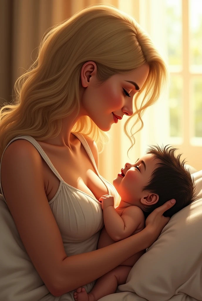 The mother looks at the child on her lap., both smiling at each other. gorgeous woman, blonde, medium hair, breasts big. little baby, Bblack hair, fluffly.