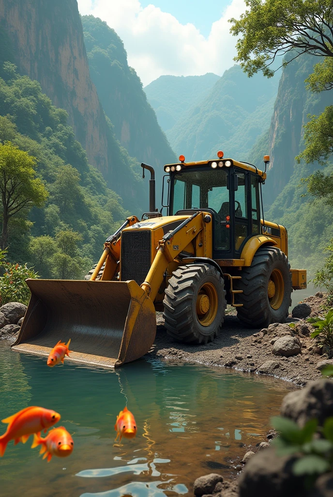 Caterpillar 416 F2 retro excavator tractor making a pool of water with jumping fish in the lagoon  . These works are being done in mountainous areas of the Amazon