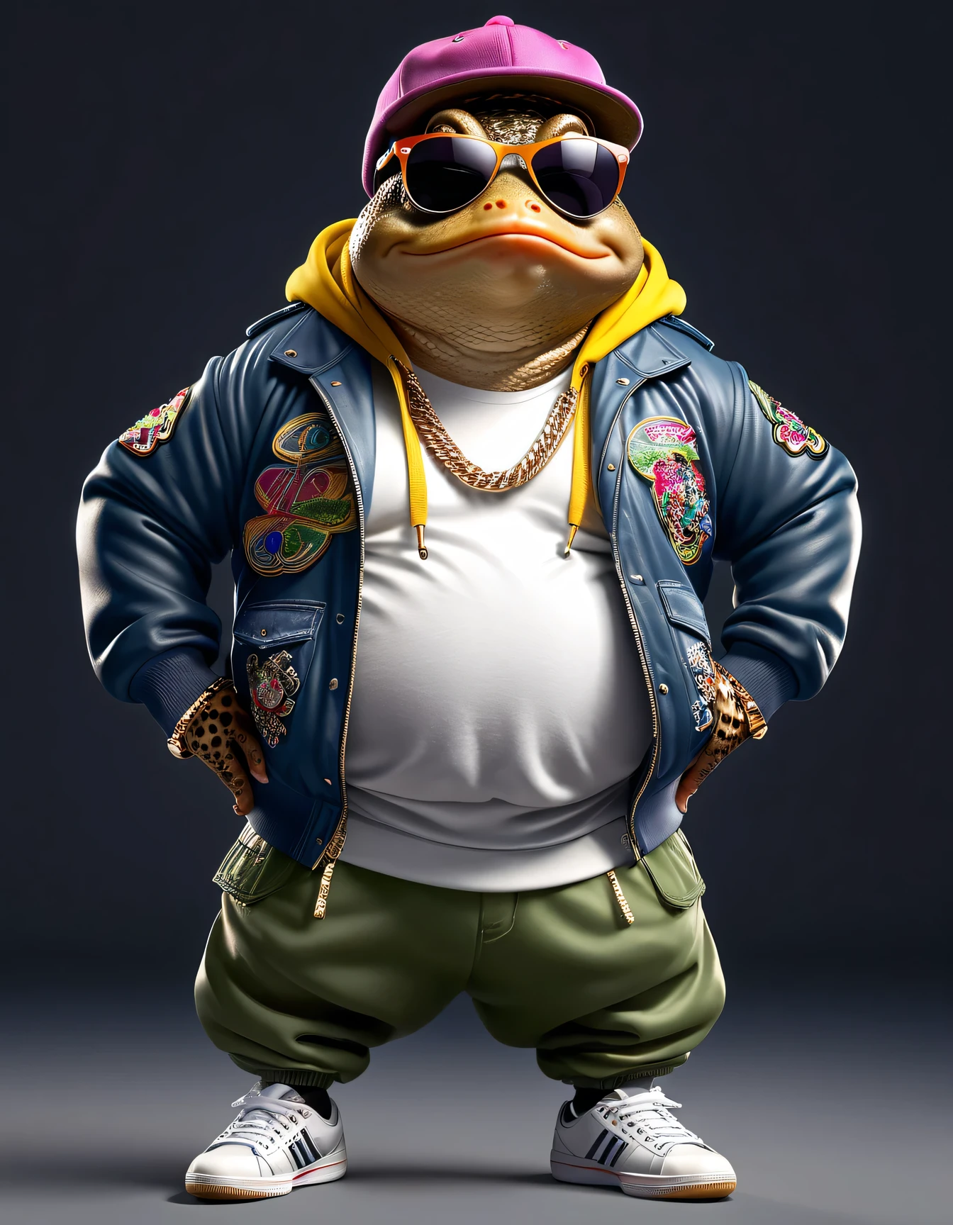 photorealistic portrait of Dressed animals - a ((fat)) (toad) hip hop dancer,(hands on hips:1.5), high quality,(lovely) ,intricate details, highly detailed ((hip hop fashion)) ,(wearing sunglasses:2.0), (cap, pants, sneakers),(wearing a jacket and hoodie) ,, wearing sunglasses, (happy), studio lighting,(full body image:1.5),score_9, score_8_up, score_7_up, score_6_up, score_5_up, score_4_up,