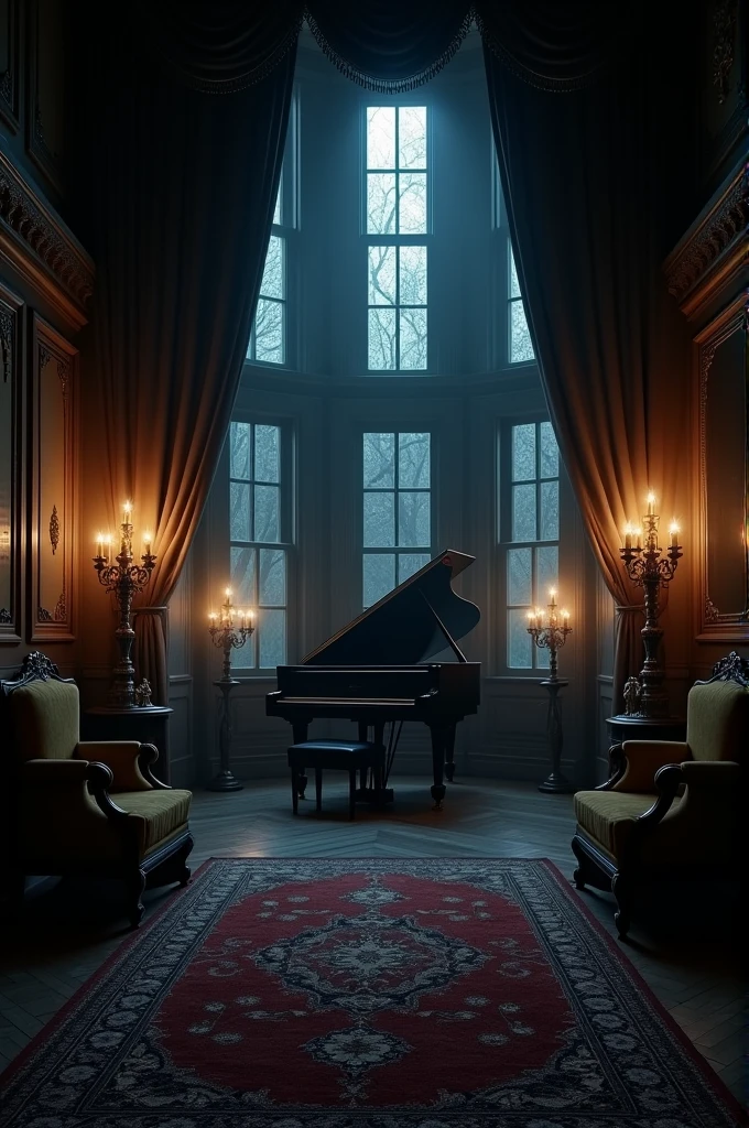 Dark room in Victorian style with a piano at the end of the room
