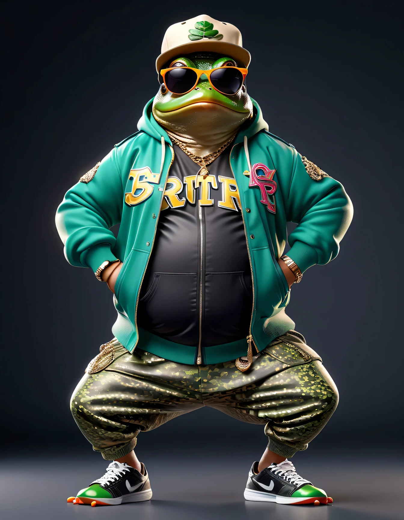 photorealistic portrait of Dressed animals - a ((fat)) (frog) hip hop dancer,(hands on hips:1.5), high quality,(lovely) ,intricate details, highly detailed ((hip hop fashion)) ,(wearing sunglasses:2.0), (cap, pants, sneakers),(wearing a jacket and hoodie) ,, wearing sunglasses, (happy), studio lighting,(full body image:1.5),score_9, score_8_up, score_7_up, score_6_up, score_5_up, score_4_up,