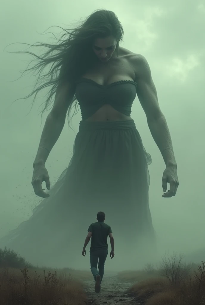 The woman has become very tall and it is time to take revenge on her lover. The man tries to escape.
