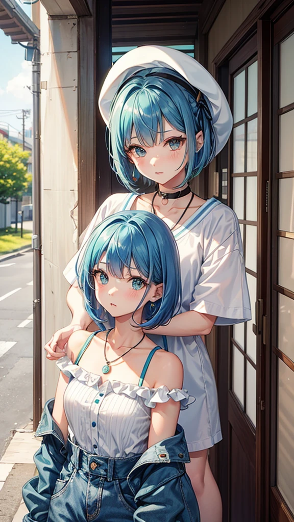 gender:Female length:160cm Measurements:B80 W60 H85 髪の色:Blue Hairstyle:Short bob eye color:Green Clothing:White mini dress、Earrings、necklace、ビーチサンダル gender:Female length:160cm Measurements:B80 W60 H85 髪の色:濃いBlue Hairstyle:Short bob eye color:Green Clothing:White short sleeve hoodie、Denim shorts