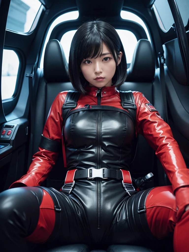 Japanese female android,Black Hair,The spaceship's cockpit,The person is completely secured in the seat with the backrest reclined by a thick harness belt.,Plump,Spread your legs,Squat,Glossy red bodysuit,Surrounded by switches and monitors,