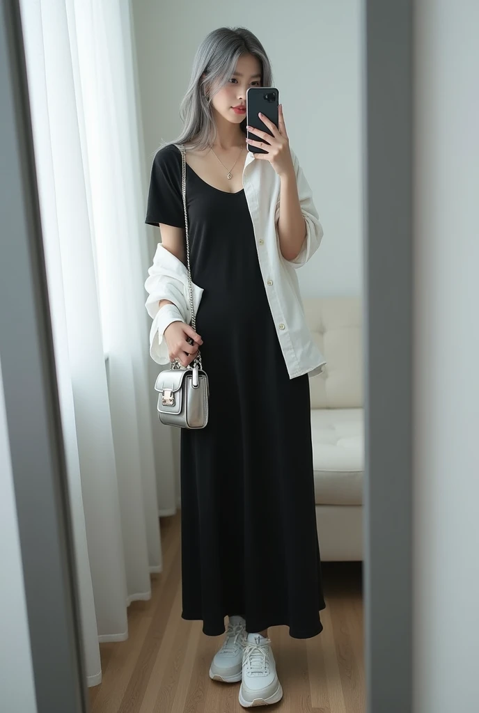 highly detailed, beautiful, hyper Realistic girl, masterpiece, best quality, Depict a mysterious and sophisticated beautiful Japanese gravure model,, 18-years-old, identity hidden, all body shot, / gray arranged hair, small head, Detailed face, cute and Pretty slim face, wide Duck mouth, perfect beautiful Tooth, arranged gray hair, shiny eyes, blue-colored eyes, Realistic skin, Detailed face, // sitting, model posing, / Create a fashion outfit inspired by a modern and relaxed monochrome style. The outfit should include a black long dress made from soft , flowing fabric , reaching down to the ankles with a loose fit . Layer a short-sleeve , lightweight white overshirt on top, worn open for a casual look. Pair the outfit with chunky white sneakers that add a touch of casual ness to the sophisticated monochrome palette. Include a small silver handbag and simple silver accessories to complete the ensemble. The background should feature a minimalistic indoor setting, such as a clean , modern room with soft lighting //// simple white single room, gray frame mirror, complicated background /// takes a selfie in her room using a smartphone in front of a mirror with one hand, standing and sexy Posing, all body below shot, focus shoes, looking away from the camera,