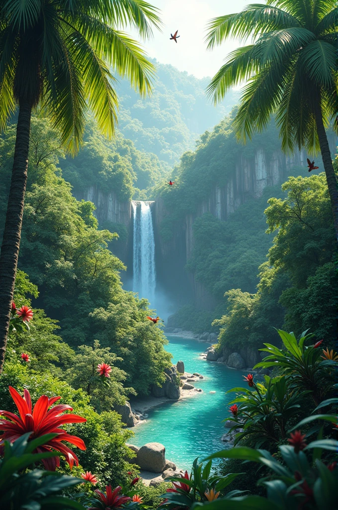 Call me a forest with waterfalls, many palm trees, many flowers and many birds