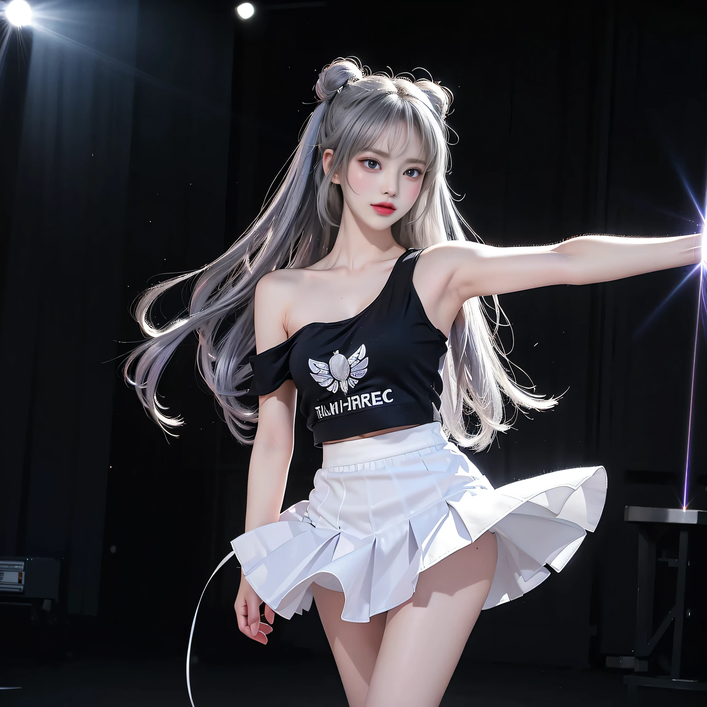 ((Girls standing on the stage in the main hall,Group of 3)),蛍光Farbe、((3People Girls)),Look to the side、Beautiful Face、Beautiful Eyes、(Big Blue Eyes)、(Silver dull hair)、Shiny Hair、Glowing Skin、Reduce glare、Finger Proportion Adjustment、Escrow、Bat View、(Dancing()、Dynamic Angle、(Master Parts)、(Highest quality)、(Ultra detail)、(An Illustration)、(Detailed light)、(Very delicate and beautiful)、Dramatic Shadows、Ray Tracing、reflection、Ultra high resolution、(Master Parts)、(Highest quality)、(ultra HD)。 High resolution、((Colorful hair and mesh))、Her hair flutters in the wind、(大きな深い青Farbeの目)、Silver Hair、haired woman、Sparkling Butterfly、Sparkling Butterfly、黒haired woman、Points of light around the woman、Magical Aura、緑Farbeの点、The nature of the aura、Magical Aura黒haired woman、((Off-the-shoulder black and white two-tone dress mini skirt:1. 3)、(Sleeveless)、(The skirt flutters in the wind)、(Searchlight)((Farbe々Laser beam))、(I can see her black panties)(Full Body Shot)、(Long legs)、(High heels)、holding a microphone in one hand、Kirachou、黒haired woman、Spots of light around the woman、Magical aura、Green Farb Dot、The nature of the aura、Magical Aura黒haired woman、((One shoulder black tank top:1. 3))、(No sleeve)、((White flared mini skirt))(The skirt flutters in the wind)、((Black trunk panties))、(Searchlight)(Laser beam)、((I can see her black panties))(Full Body Shot)、(Long legs)、(High heels)、