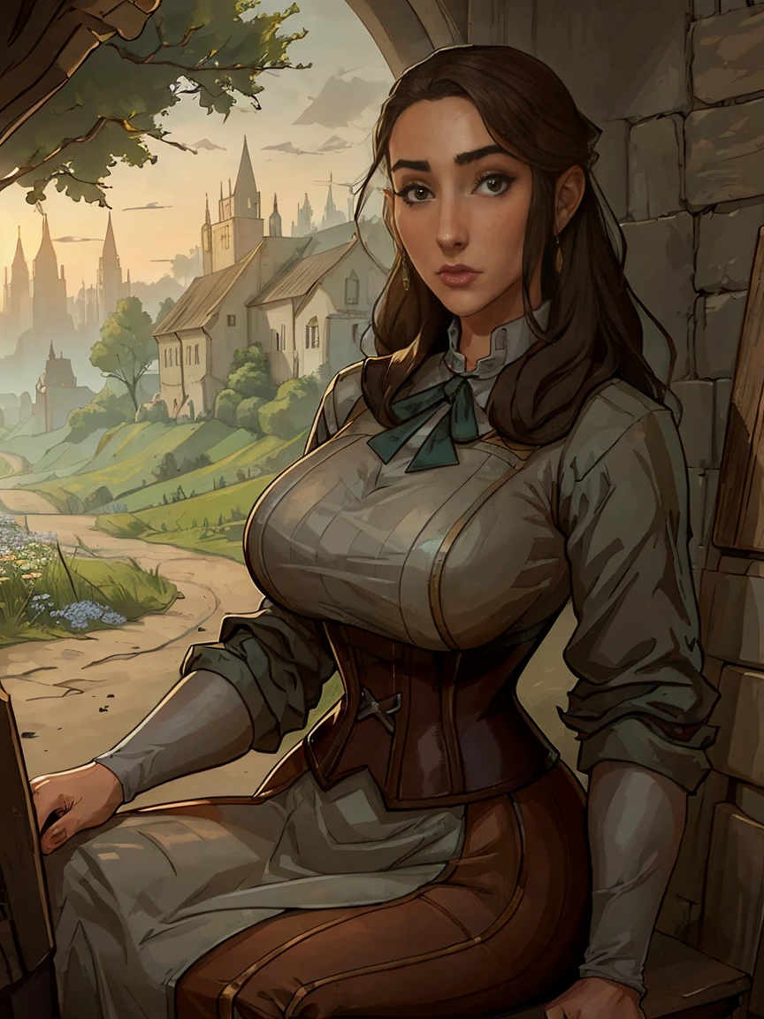 Gorgeous and sultry busty athletic (thin) brunette peasant with sharp facial features wearing a modest updo, medieval hair cover, rough-spun grey and brown medieval dress, long sleeves, wide neck, long dress, tight bodice, corset, Middle Ages, cottage, farm, exterior, trees, countryside, evening, sunset.