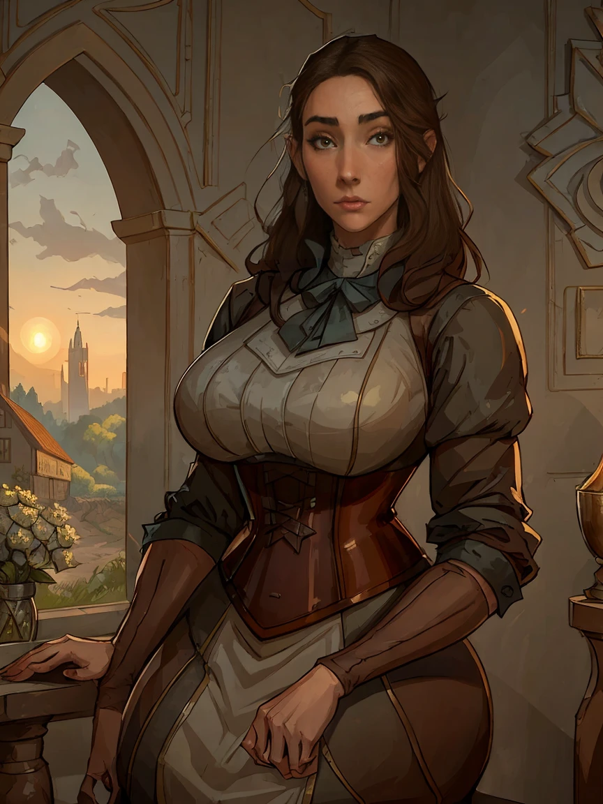 Gorgeous and sultry busty athletic (thin) brunette peasant with sharp facial features wearing a modest updo, medieval hair cover, rough-spun grey and brown medieval dress, long sleeves, wide neck, long dress, tight bodice, corset, Middle Ages, cottage, farm, exterior, trees, countryside, evening, sunset.