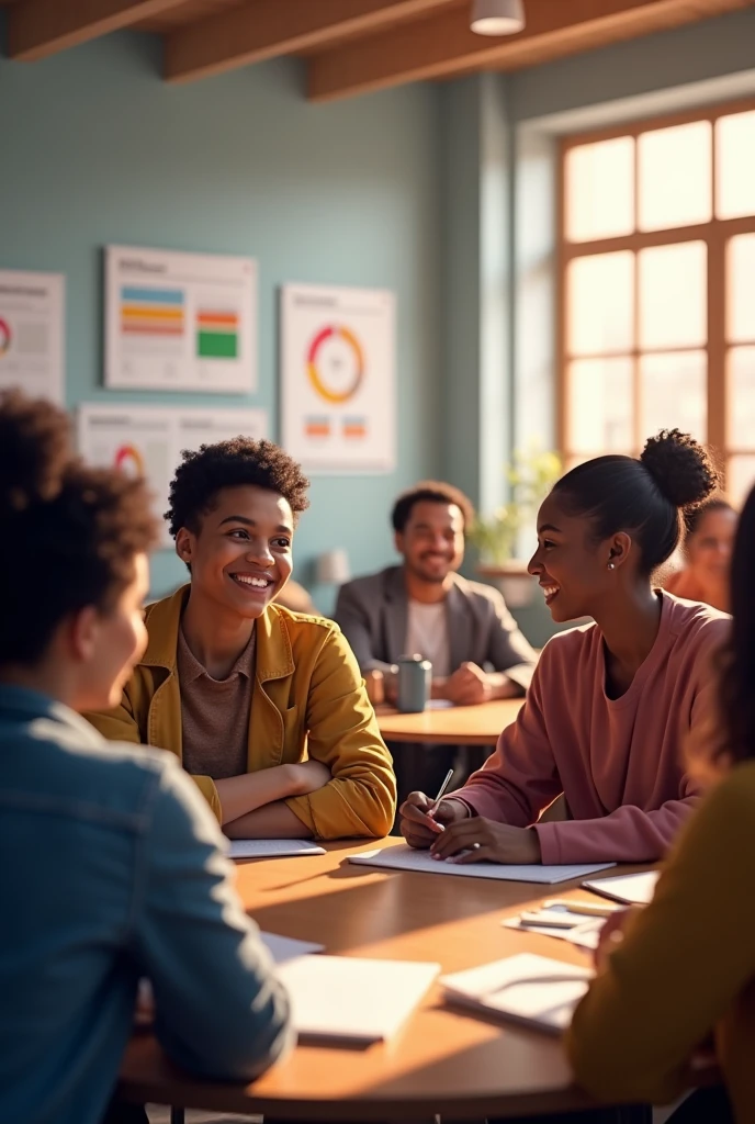 Picture a community meeting with a diverse group of people discussing new inclusive policies. Visual aids like charts and brochures highlight the details of the fair policies being implemented.