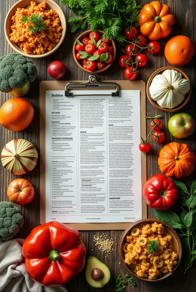 list of cooking recipes on a wooden table with all kinds of food and dishes around, view from above