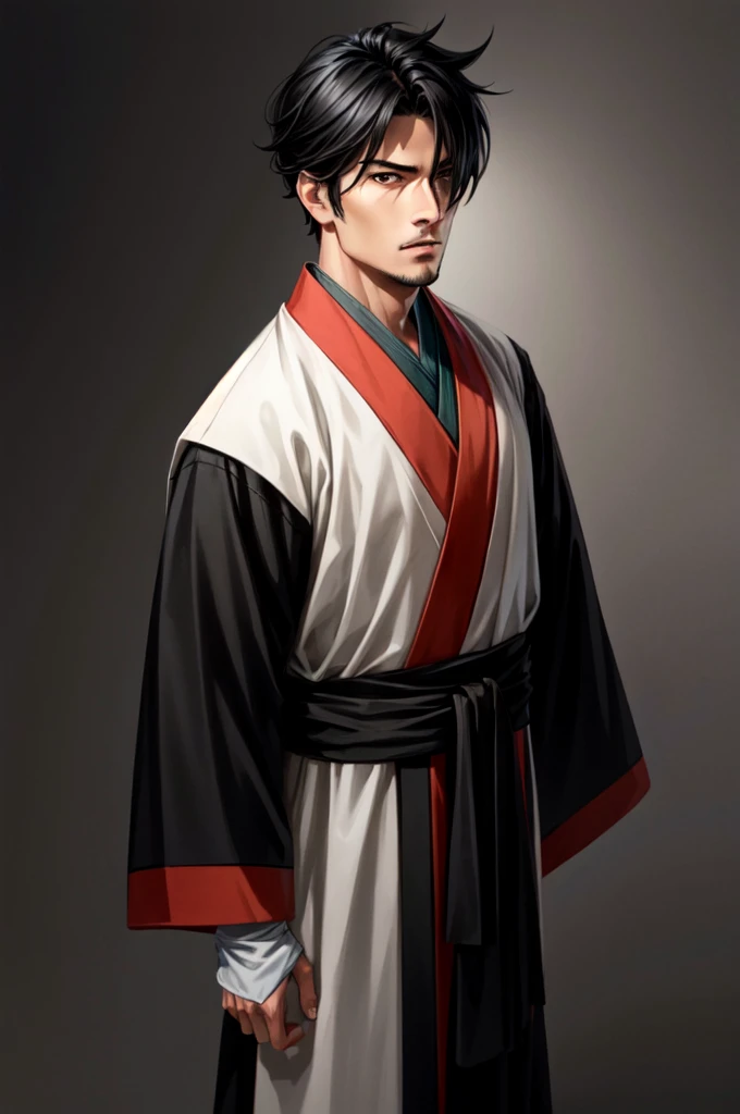 Adult male, wearing black hanfu, lomg Hair, black hair, black Eyes, Intimidating Appearance, full body, hair over eye, anime, cinematic lighting, cowboy shot, UHD, retina, masterpiece, accurate, anatomically correct, textured skin, super detail, high details, high quality, award winning, best quality, highres, 8k