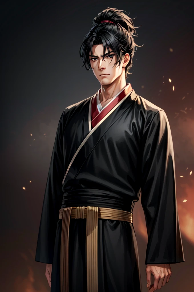 Adult male, wearing black hanfu, lomg Hair, black hair, black Eyes, Intimidating Appearance, full body, hair over eye, anime, cinematic lighting, cowboy shot, UHD, retina, masterpiece, accurate, anatomically correct, textured skin, super detail, high details, high quality, award winning, best quality, highres, 8k