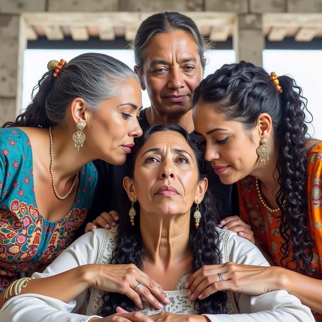 An unusual yet intriguing scene set within the sacred precincts of an ancient mayan temple. Three younger,mature,Eldery mexican mayan ladies, adorned in vibrant, traditional mayan dress, stand out against the dark, mystical backdrop. Their unnaturally black, 3C curly hair, reminiscent of coiled springed big straps, draws the eye with its inexplicable sheen and volume. Each strand seems to have been meticulously crafted by an unseen hand, coiled and coiled a million times over until it reaches a state of surreal perfection. The hair appears to have been showered with an unimaginable amount of oil, so much so that it resembles wet pulp, saturated and absorbing the light around them. The kneeled lady in the center, with her hair cascading down her back, is the focal point as her tresses shimmer and reflect like a sea of black mirrors. The other two ladies, their own hair equally as wet and oil-soaked, lean over her from behind. With a playful yet fervent expression, they begin to lick and kiss her scalp, their movements seemingly driven by an unbridled passion. This act of intimate hair worship is both mesmerizing and slightly jarring, as their thick, curly locks, like dark waterfall of springs, bounce and sway with each tender caress. The scene is suffused with an air of strange ritual, as if the very essence of the divine is being invoked through the act of grooming and adoration. Each curl is a testament to the boundless creativity of nature, while the trio's shared experience speaks to a deep-rooted bond of sisterhood and the mysterious powers of feminine unity. The image captures a moment that is at once sensual, spiritual, and eerily beautiful, leaving the viewer to ponder the story behind this peculiar tableau.