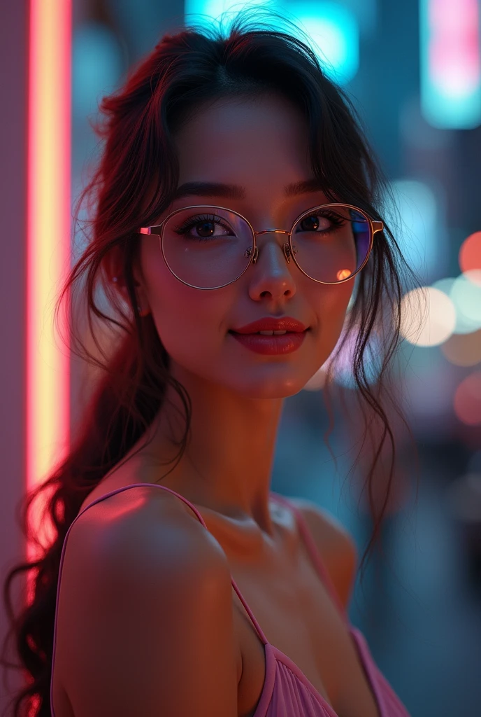 Beauty with specs, 1girl, (RAW photo, best quality), (realistic, photo-realistic:1.4), masterpiece, an extremely delicate and beautiful, extremely detailed, 2k wallpaper, Amazing, finely detail, extremely detailed CG unity 8k wallpaper, ultra-detailed, highres, soft light, beautiful detailed girl, extremely detailed eyes and face, wearing glasses, megane, beautiful detailed nose, beautiful detailed eyes, cinematic lighting, perfect anatomy, sexy, dynamic pose, slender body, smiling city lights a