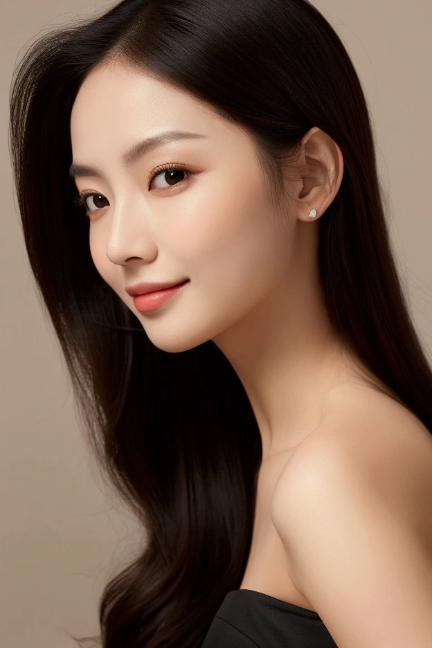 ((Masterpiece Real Photos 8K Wallpaper))(( Full-length or half-length portrait))I want to create the woman I desire.She is about 2. Height 168 cm.She has long, straight, black hair that reaches her waist..She is a young oriental woman with a figure in line with the golden proportions of the human body, exquisite facial features, and a healthy complexion.. I want her to be like Mona Lisa.Always with a mysterious smile on his face.And looked at me with loving eyes.