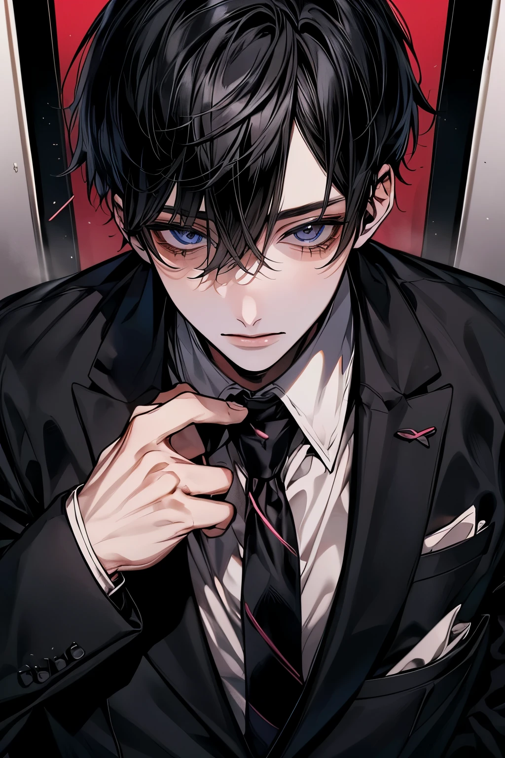 (Mastepiece)、(Best Quality)、Very detailed、((One man:1.5))、Perfect Face、Beautiful Face、Very detailedな顔、(Black Hair:1.3)、Black suit、(Man loosening his tie:1.4)