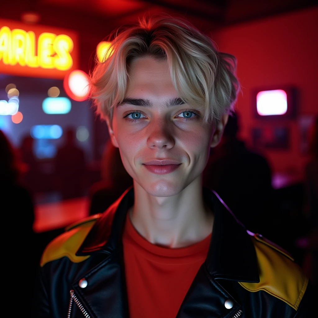 photograph head shot, attractive 22 year-old male model, short platinum blond layered textured side swept bangs hair, vibrant blue eyes, teen face, skinny svelte body, dominant smirking expression, almond shaped eyes, very pale skin tone, black leather jacket with yellow accents on shoulders, red shirt, inside private underground club, low dim lighting, neon lighting, cinematic