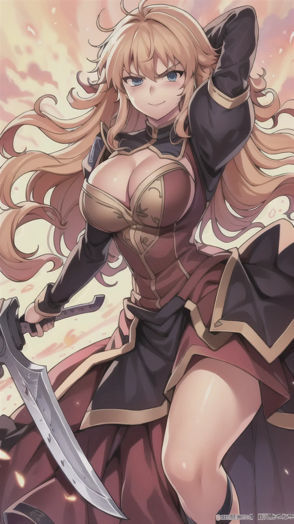 masterpiece,best quality,kim_kwang_hyun, 1girl, Yang Xiao Long, solo, large Long messy curly hair, large huge breasts, looking at viewer, blue eyes, yellow-green hair, Large Long messy curly hair,bangs, large big breasts, long sleeves, dress, cleavage, closed mouth, weapon (((Double-bladed sword), puffy sleeves, arm up, clothing cutout, copyright name, red dress, cleavage cutout, juliet sleeves , power armor, shoulder armor, large Long messy curly hair, blue eyes, angry eyes, coy Smile 