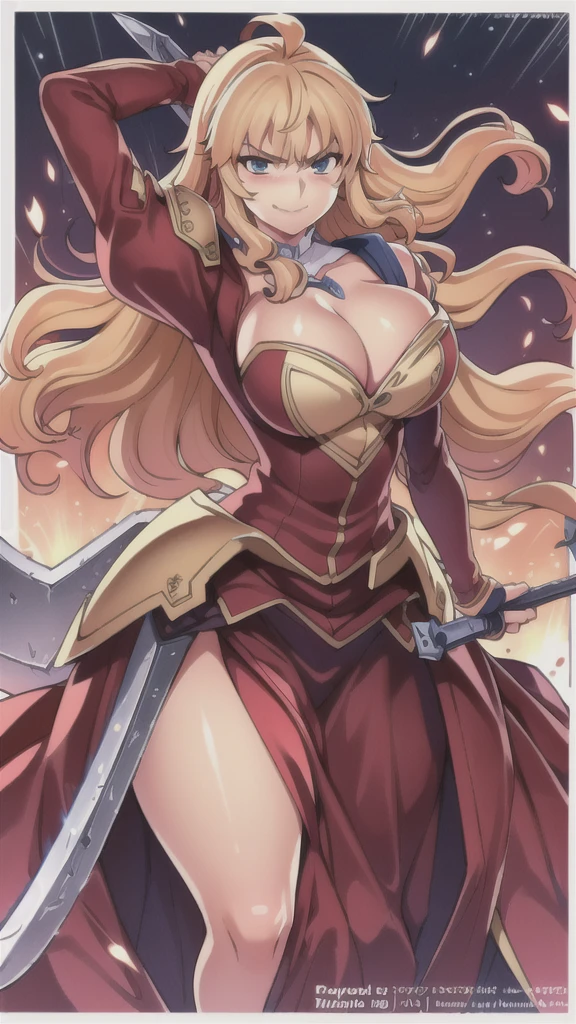 masterpiece,best quality,kim_kwang_hyun, 1girl, Yang Xiao Long, solo, large Long messy curly hair, large huge breasts, looking at viewer, blue eyes, yellow-green hair, Large Long messy curly hair,bangs, large big breasts, long sleeves, dress, cleavage, closed mouth, weapon (((Double-bladed sword), puffy sleeves, arm up, clothing cutout, copyright name, red dress, cleavage cutout, juliet sleeves , power armor, shoulder armor, large Long messy curly hair, blue eyes, angry eyes, coy Smile 