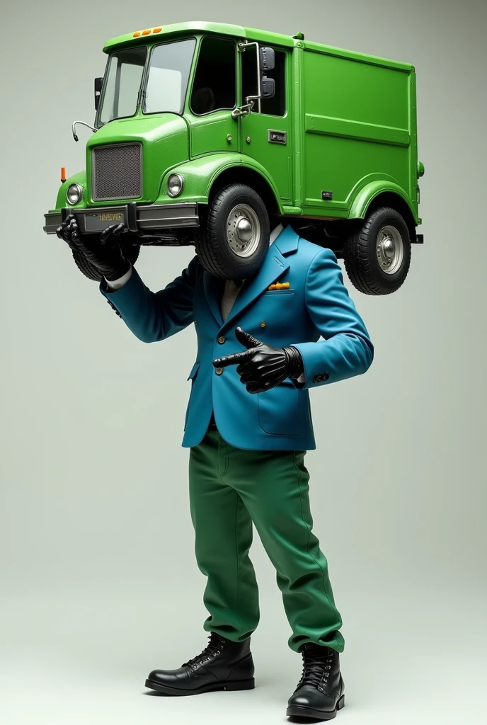 A humanoid being with the main characteristic of having its head replaced by a green garbage truck with four wheels, he wears a blue suit with green pants, he wears black leather gloves and black shoes, and he's doing the middle finger