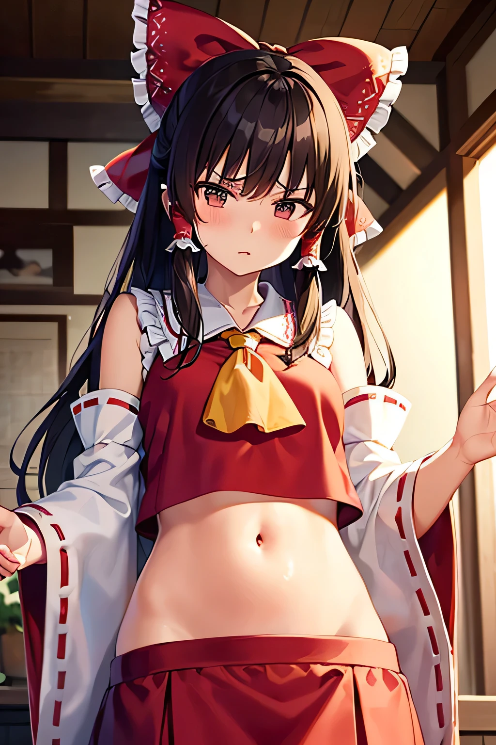 super fine illustration, vibrant colors, masterpiece, sharp focus, best quality, depth of field, cinematic lighting, ultra detailed, belly, belly button, bellybutton, navel, tummy, shrine maiden, hakurei reimu, 1girl, hair bow, ascot, hair tubes, detached sleeves, looking down, red shirt, red skirt, long skirt, very long hair, dark brown hair, mature woman, hakurei reimu, 1girl, hair bow, ascot, hair tubes, miko, detached sleeves, Reimu Hakurei, indoors, high neck, chestnut mouth, annoyed, stomach